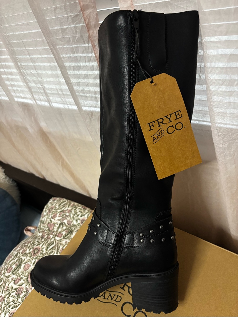FRYE AND CO. Black Studded Leather Mid-Calf Heeled Boot —NEW